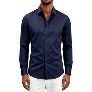 Men's deep blue long sleeve shirt detail, slim fit lapel button up casual business wear.