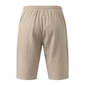 Close-up detail view of men's casual shorts back design, featuring beige drawstring waist.