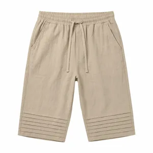 Detail view of men casual khaki shorts showcasing cuff pleats and adjustable drawstring waist.