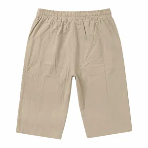 Back detail view of khaki casual cotton linen shorts with elastic waist for men summer daily.