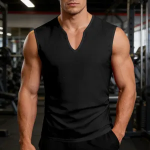 Men's fitness training V-neck tank top detail view showcasing lightweight breathable activewear fabric.
