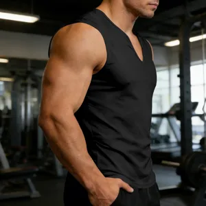 Men's black V-neck athletic tank top detail view, breathable quick-dry fitness workout vest.