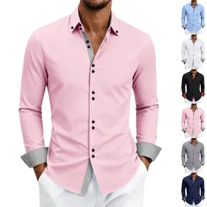 Men's long sleeve dress shirt with contrast collar details, casual business stretch slim fit.