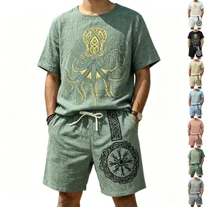 Men's vintage viking octopus print linen short sleeve shirt and shorts set summer