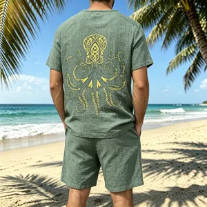 Men's vintage Viking style octopus print linen short sleeve shirt and shorts set for summer.