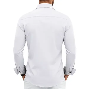 Men's long sleeve business casual dress shirt with contrast cuffs and double button design.
