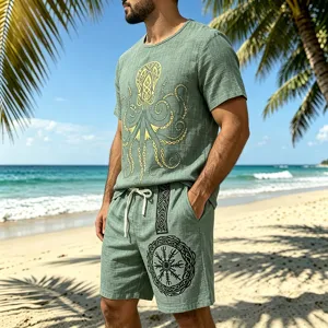 Men's casual linen-blend summer shorts and short-sleeve tee set with vintage Viking print.
