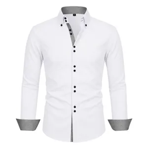 Men's casual long sleeve white dress shirt with contrast collar and cuffs regular fit