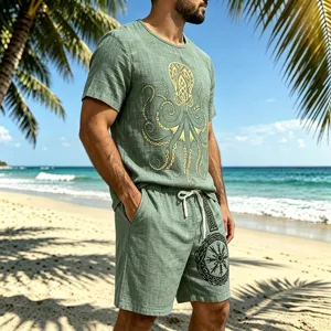 Detail view of men's vintage Viking print linen short sleeve and shorts beach set.