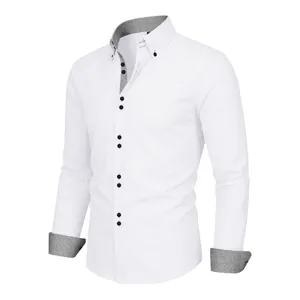 Men's white long sleeve dress shirt with contrast print collar and cuffs business casual