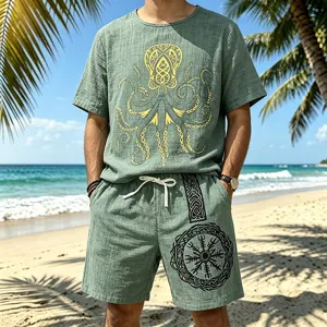 Detailed view of the vintage Viking graphic printed linen outfit on the tropical beach.