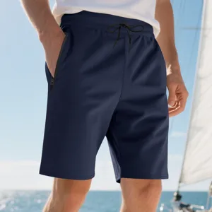 Lässige dunkelblaue Herren Sportshorts mit Reißverschlusstaschen und elastischem Bund.