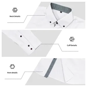 Men's long sleeve dress shirt detail view showcasing contrast collar and double button cuffs.