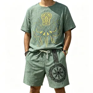 Close-up detail of men's vintage Viking print linen suit, featuring unique octopus and rune graphic designs.
