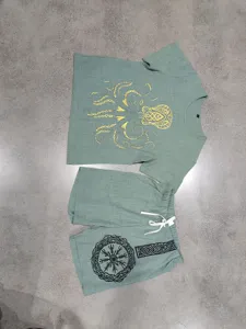 Mens casual cotton linen set summer vintage viking print short sleeve shirt and shorts