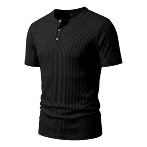Men's Black Ribbed Henley T-Shirt Summer Short Sleeve Casual Button Top Detail View