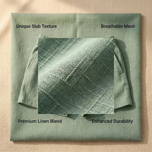 Detail view of men's linen blend shorts featuring unique slub texture and breathable fabric.