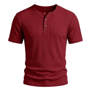 Men's summer short sleeve ribbed Henley t-shirt in wine red casual slim fit basic top.