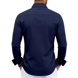 Men's casual long sleeve navy blue dress shirt rear view detail showcasing slim fit design.