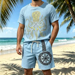 Men's linen-blend resort set vintage Viking octopus print short sleeve shirt and shorts