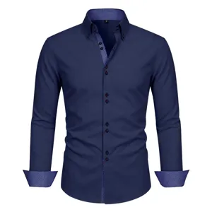 Men's Long Sleeve Business Dress Shirt Contrast Pattern Collar Cuffs Non-Iron Top