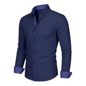 Men's long sleeve contrast dress shirt detail, business casual solid button down top.