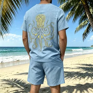 Men's casual linen short sleeve shirt and shorts set with vintage octopus back print beach wear