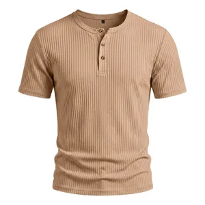 Men's Summer Casual Henley Short Sleeve T-Shirt Solid Color Regular Fit Stretch Ribbed Knit Basic Top For Men