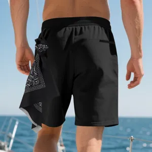 Herren Freizeit Sport Badeshorts in Schwarz mit stilvollem Bandana Accessoire Detail für Sommer.