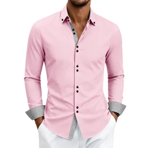 Pink long sleeve dress shirt with contrast print cuffs and collar for men stylish business casual.