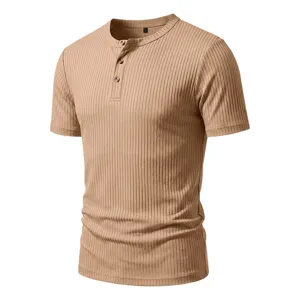 Men's ribbed knit short sleeve Henley shirt in khaki, comfortable casual summer top.