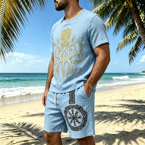 Men's linen set vintage viking print short sleeve shorts casual summer beach outfit detail
