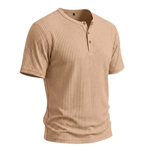 Men's casual ribbed short sleeve henley t-shirt, comfortable slim fit summer basic top.