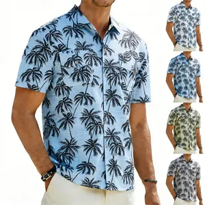 Men's casual aloha short sleeve shirt with tropical palm tree print, loose fit linen feel.