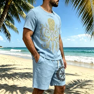Men summer linen casual outfit short sleeve tee and shorts set with vintage octopus and viking print
