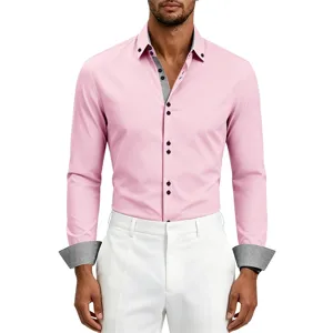 Men's long sleeve dress shirt with contrast color collar and cuffs, casual business style.