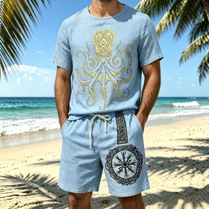 Men linen outfit summer beach casual short sleeve t-shirt and shorts set retro viking octopus print