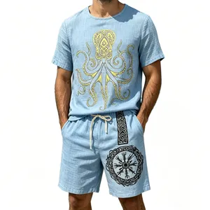 Men's linen-blend vintage octopus print short sleeve t-shirt and shorts set summer casual
