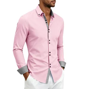 Detailed view of men's pink long sleeve dress shirt featuring contrast trim cuffs.