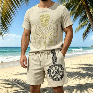 Men's Linen Blend Short Sleeve Shirt and Shorts Set Summer Vintage Viking Octopus Print Casual Beach Outfit