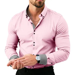 Detailed view of men's contrast long sleeve stretch business dress shirt with stylish cuffs.