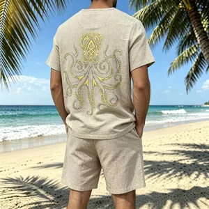 Men's linen short sleeve and shorts set with Viking octopus back print for summer beach casual wear.