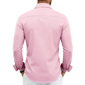 Back view detail of men pink long sleeve dress shirt with stylish contrast cuffs.