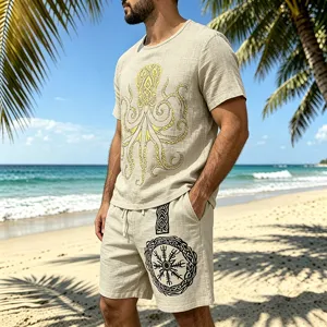 Men vintage Viking print linen blend set casual crewneck short sleeve t-shirt and shorts