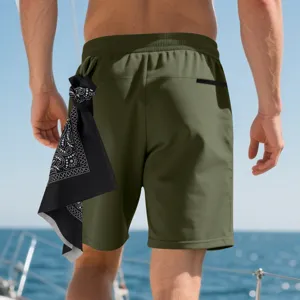 Detailansicht olivgrüne Badeshorts für Herren mit elastischem Bund und stylischem Bandana.