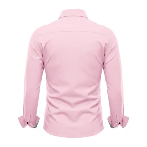 Men's solid pink long sleeve dress shirt with contrast cuffs, business casual shirt.