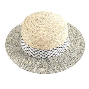 Cappello di paglia piatto francese da donna, cappello da sole estivo da spiaggia a tesa larga.