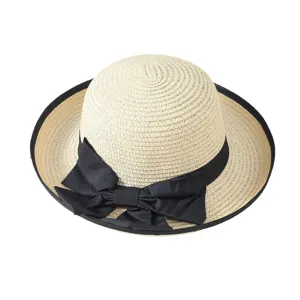 Sombrero de Paja de Playa de Verano para Mujer con Lazo Negro, Elegante Gorro de Sol