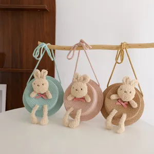 Borsa a tracolla in paglia per bambini carino coniglio di peluche rotondo borsa estiva ragazza
