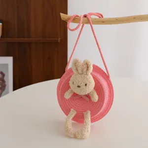 Borsa a tracolla in paglia per bambini con coniglio di peluche, graziosa borsa rotonda rosa.